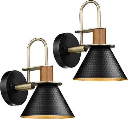 Modern Wall Sconces Set of Two, HWH Industrial Sconce Wall Lighting Indoor Wall Lamp, 1-Light Barn Vanity Light, Hammered Metal Shade, Black and Gold Finish, 5HZG74B-2 BK+BG