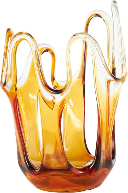Deco 79 Glass Abstract Decorative Vase Ombre Centerpiece Vase with Wavy Oval Cutouts, Flower Vase for Home Decoration 7" x 7" x 10", Orange