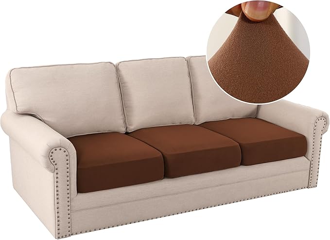 H.VERSAILTEX Fleece Couch Cushion Covers Stretch Couch Covers for 3 Cushion Couch Sofa Thick and Soft Couch Covers Washable (3 Piece Sofa Cushion Cover, Caramel)