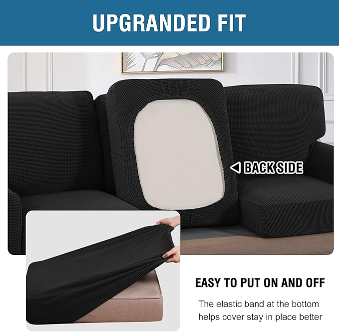 H.VERSAILTEX Multi-Pieces Chair Covers Stretch Couch Covers Form Fitted Seat and Back Cushions Covers (1 Seat Cover Plus 1 Back Cusion Cover, Bonus 2 Armrest Covers), Black