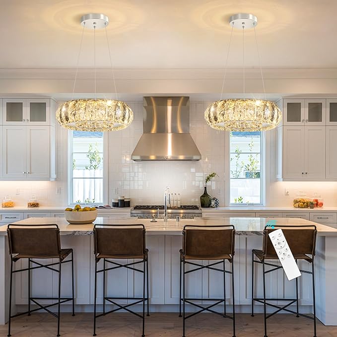 Crystal Round Chandelier Modern LED Dining Pendant Lights for Kitchen Island Dining Room Remote Dimmable Hanging Light Entrance Bedroom Lighting Silver