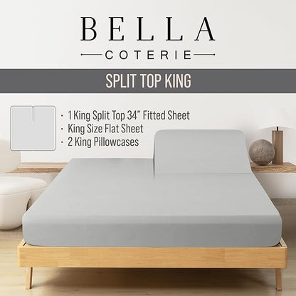 Bella Coterie Luxury Bamboo Viscose 34” Split Top King Size Sheet Set | 1 Fitted Sheet for Sleep Number & Adjustable Beds | 100% Organically Grown | Cooling & Soft | 18” Deep Pocket [Grey Mist]