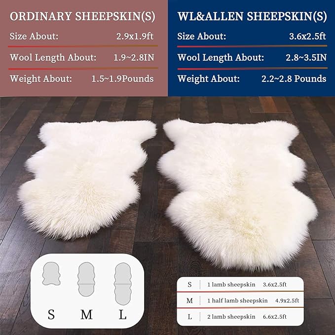 WL&ALLEN Thick and Lush Sheepskin Rug - 3 Inch Pile, Luxury Australian Pelts | Large Double Pelt 2'6" x 6'6", Ivory White