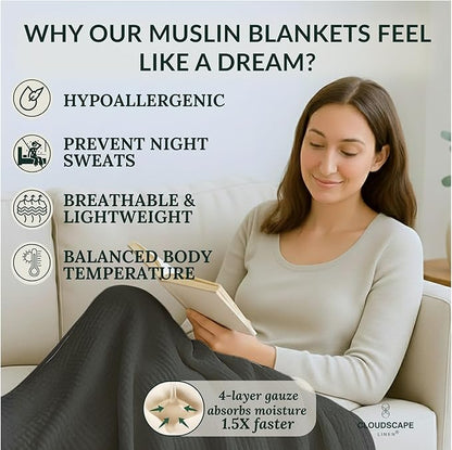 Luxury 100% Cotton Muslin Throw Blanket, 4 Layer Extra Large 50x70in, Perfect for Couch, Sofa, Home Decor, Soft Cotton Gauze Travel Blanket, Winter Cozy Throw, All Season Sharkskin