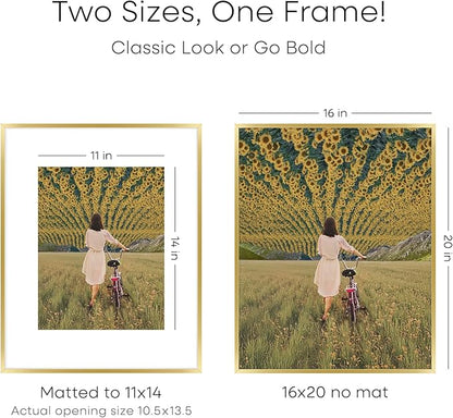 Homeforia 16 x 20 Picture Frame Gold, High End Metal 16x20 Poster Frames with Mat 11x14 Photo, 16 x 20 Gold Frame Matted to 11 by 14 Print, 20x16 Thin Hanging Frame, Tempered Glass, Wall Kit, Set of 4