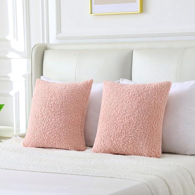 FUTEI Pink Throw Pillow Covers 18x18 Inch Set of 2,Furry Faux Fur Teddy Boucle Textured Cushion Covers,Soft Fluffy Decorative Pillow Case,Home Decor for Couch Bed Living Room Office Car