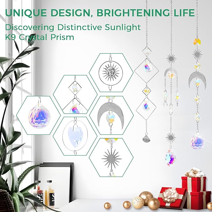 suddus 6pcs Silver Suncatchers Crystal Prism, Christmas Rainbow Maker Pendants, Sun Catcher Hanging for Window, Home, Garden, Cat, Thanksgiving Day, Party, Wedding Decoration