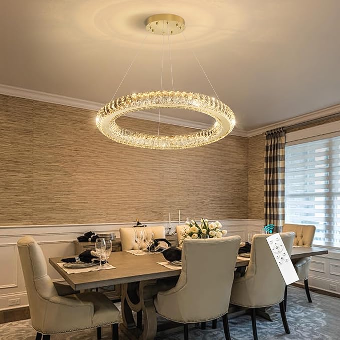 Crystal Ring Chandelier Gold Modern LED Pendant Lights for Dining Room Remote Dimmable Hanging Light Kitchen Island Entrance Bedroom Lighting Chandeliers