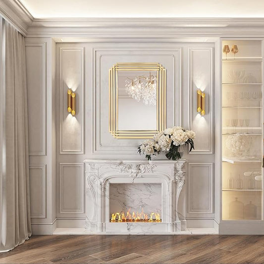 Gold Rectangle Mirror, 24"x18" Modern Vanity Wall Mirror with Metal Mirror, Geometric Art Deco Mirrors for Living Room Bathroom Bedroom Entryway Hallway, Hangs Vertically or Horizontally