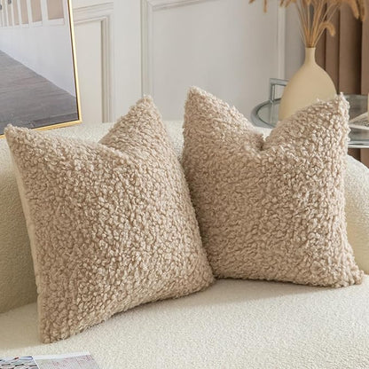 Yaertun Pack of 2 Faux Fur Throw Pillow Covers Decorative Sherpa Boucle Pillow Covers Fuzzy Soft Pillowcases Sheepskin Fleece Cushion Case for Couch Sofa Bed Living Room 26x26 Inch Oatmeal