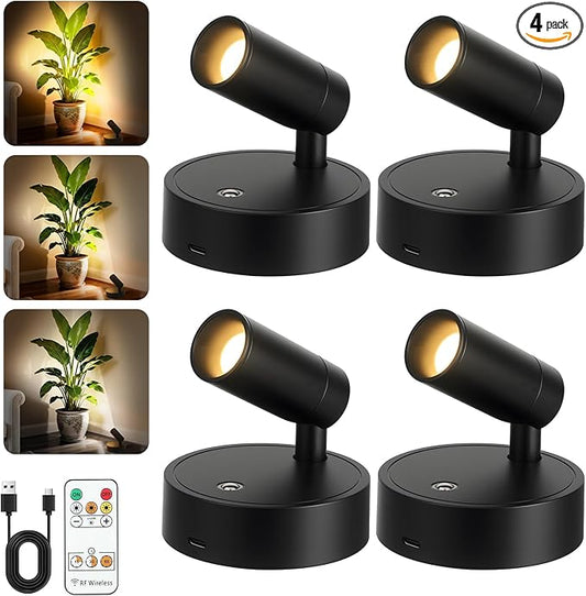 4 Pack Spotlights Indoor with Remote, Rechargeable Picture Lights, Wireless LED Uplighting with Dimmable 3CCT Modes, Display Lights for Artwork, Plant, Painting, and Accent Lighting, Black