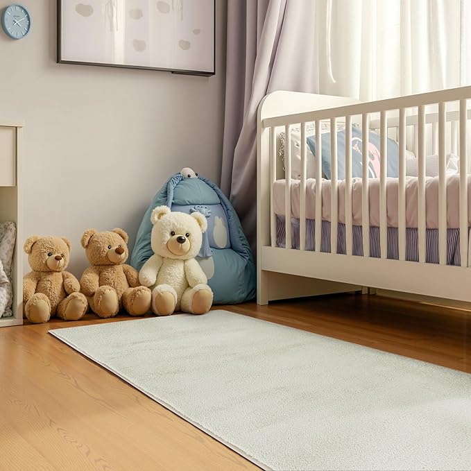 jinchan Solid Plush Runner Rug 2x5 Performance Shaggy Washable Hallway Rug Soft Modern Faux Wool Cozy Non Slip Carpet for Bedroom Laundry Room Living Room Kids Nursery Ivory