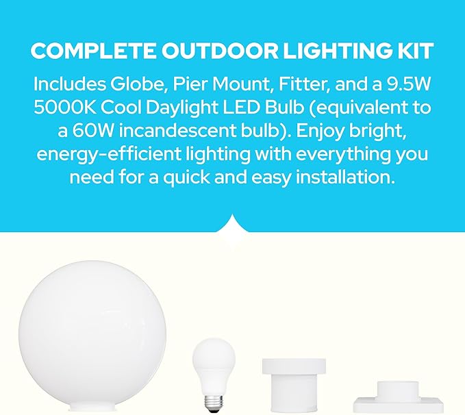 KASTLITE 12" Globe Pier Mount Outdoor Lighting with LED Lamp | UV & Waterproof Pillar & Column Lights | Deck Driveway Yard Patio & Garden Fixture | Made in USA | White Cover, White Basic Base