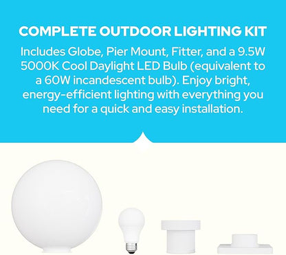KASTLITE 12" Globe Pier Mount Outdoor Lighting with LED Lamp | UV & Waterproof Pillar & Column Lights | Deck Driveway Yard Patio & Garden Fixture | Made in USA | White Cover, White Basic Base