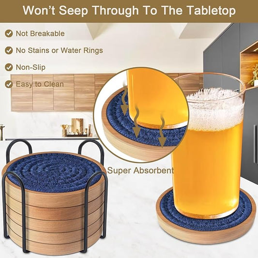 6 Pack Coasters for Drinks Absorbent, Wooden Coasters for Coffee Tables, Cup Mat for Kitchen, Farmhouse, Bar, and Office 4.3 inches (Dark Blue)