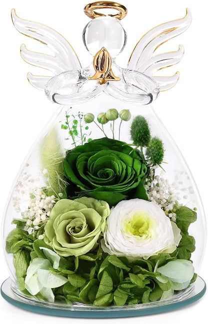 FIACO Gifts for Women Birthday Preserved Rose Forever Flower in Glass Angel Figurines Fresh Flowers for Delivery Prime for Mom Real Green Roses for Grandma Sister Wife Her from Daughter