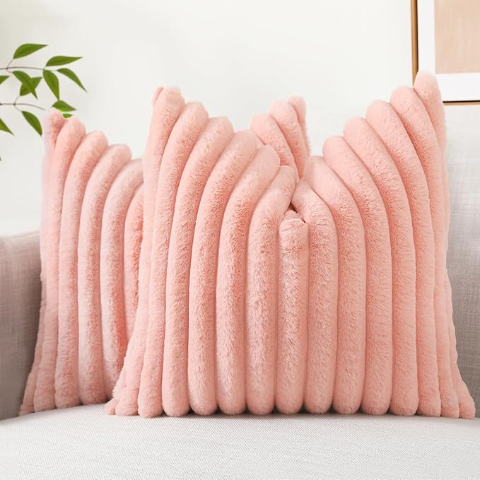 decorUhome Faux Fur Spring Throw Pillow Covers 22x22 Set of 2, Decorative Soft Plush Striped Neutral Couch Euro Sham Pillow Covers with Velvet Back for Sofa, Bed, Living Room Home, Blush Pink