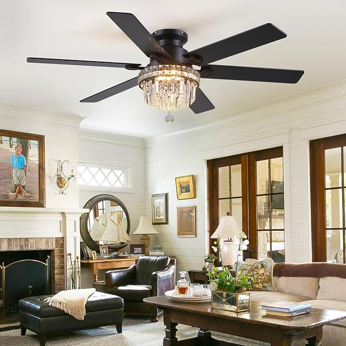 Asyko Crystal Ceiling Fan Fandelier with Lights - 52" Outdoor Fans with Remote Control，Crystal Ceiling Fans Noiseless DC Motor, Retro/Farmhouse Lighting, Dining Room,Living Room