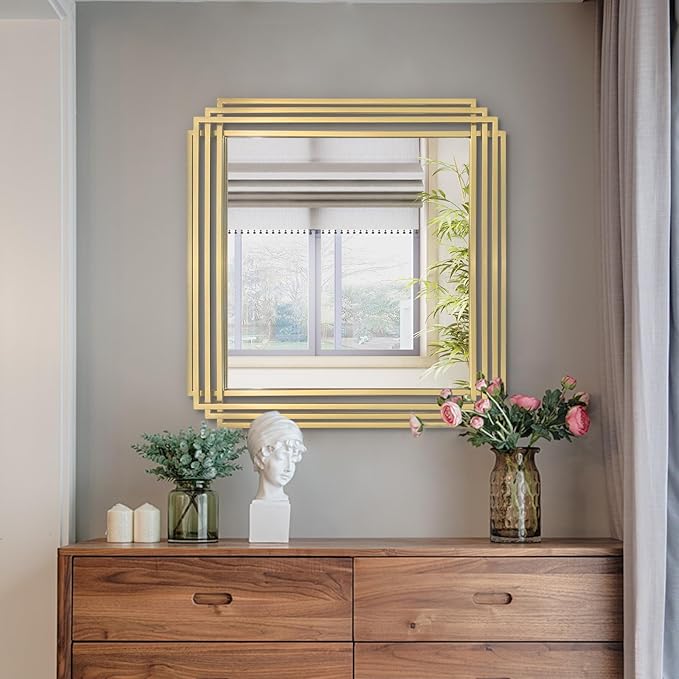 Gold Square Mirrors, 24"x24" Geometric Art Deco Mirror with Metal Frame, Bathroom Vanity Mirrors for Over Sink, Modern Elegant Wall Mirrors for Living Room Bedroom Entryway Fireplace