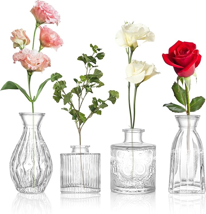 Glass Bud Vases Set of 4, 4 Sizes of Small Flower Vase for Party or Home Table Decorations