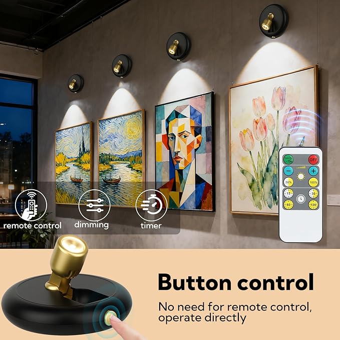 4 Pack Rechargeable Battery LED Spotlight Indoor - Wireless Mini Accent Lights with Timer Remote, Dimmable Uplight for Plants, Artwork, Painting, Closet & Portrait Display