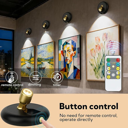 4 Pack Rechargeable Battery LED Spotlight Indoor - Wireless Mini Accent Lights with Timer Remote, Dimmable Uplight for Plants, Artwork, Painting, Closet & Portrait Display