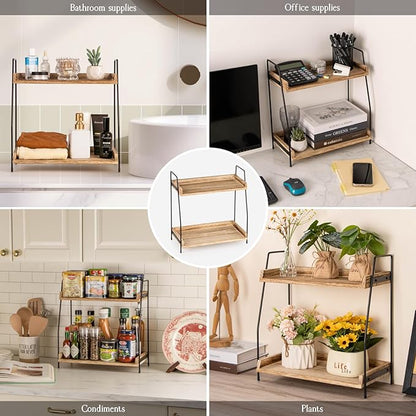 Countertop Coffee Station Organizer, 2 Tier Wooden Shelf for Coffee Bar Accessories, Condiment Storage Caddy for Kitchen, Home, Office - Brown