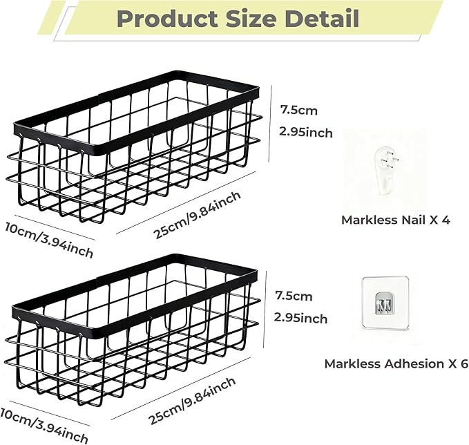 Hanging Wire Storage Baskets, Metal Wall Organizer, Adhesive Wall Storage Shelves for Kitchen, Bathroom Pantry (Spice Rack, Cabinet Organizer, Shower Caddy) Black-2 Packs