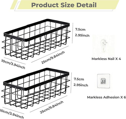 Hanging Wire Storage Baskets, Metal Wall Organizer, Adhesive Wall Storage Shelves for Kitchen, Bathroom Pantry (Spice Rack, Cabinet Organizer, Shower Caddy) Black-2 Packs