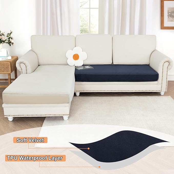 NAISI Waterproof Couch Cushion Covers Thick Velvet Fabric Washable Sofa Slipcovers 1 Piece Individual Sectional Couch Covers with Elastic Bottom(1 PC for 2-Seat Cushion or Loveseat,Navy)