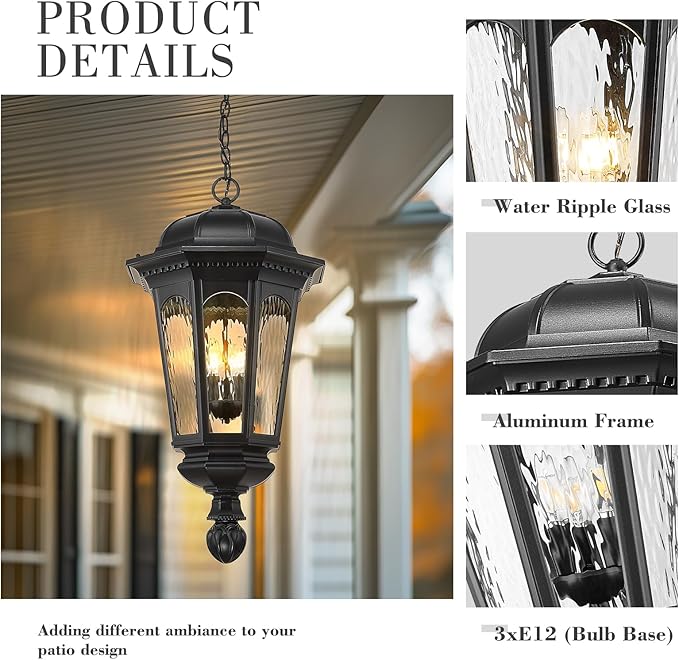Emliviar 3-Light Outdoor Pendant Light, Classic Adjustable 29.5" Lighting Fixture Ceiling Hanging with Water Ripple Glass Shade in Black Finish, E12, XE304H BK-SW