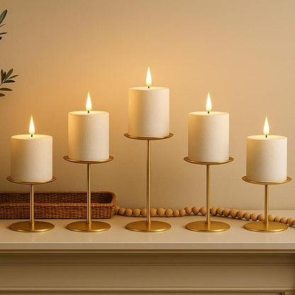 smtyle Christmas Gold Candle Holders for Pillar Candles Table Centerpieces Indoor Decoration Set of 5 Mantel Setting Dinner Party Wedding Event Elegant Gift