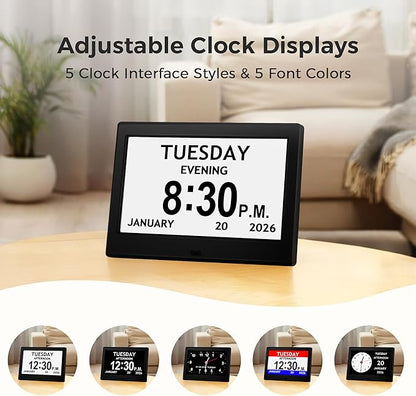 7'' Digital Clock, Dementia Clock With Date And Time, 10 Reminders, 6 Alarms, Auto-Dimming, Auto DST, Remote Control, Large Display Alarm Clock For Seniors, Gifts For People With Dementia, Alzheimers