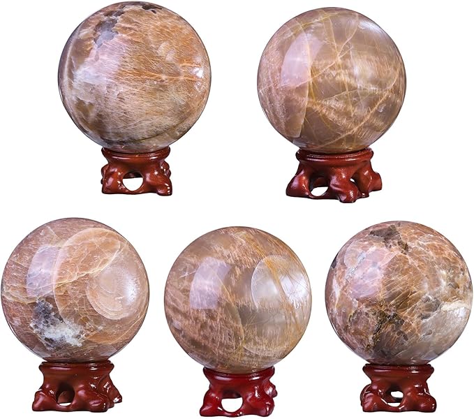 Nupuyai Natural Orange Moonstone Crystal Ball with Resin Stand, Healing Crystal Sphere for Home Decor 2.8"-3.15"(71mm-80mm)