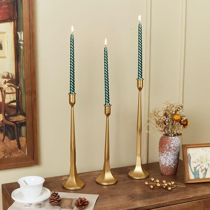 Iron Taper Candle Holder Set of 3 15.5" 14" 12" Decorative Modern Vintage Metal Tall Candlestick Holders for Wedding, Dinning Table,Mantle, Party Decoration（3, Antique Brass）