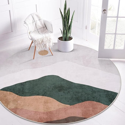 5ft Abstract Round Rug,Chic Washable Non-Slip Sun and Mountain Area Circle Rug,Soft Low-Pile Circle Throw Rugs for Living Room Sofa Kids Room Decor(Grey)