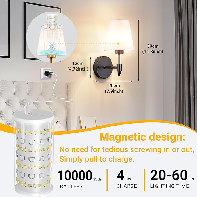 Battery Operated Wall Sconce: Renter Friendly Peel and Stick Adhesive Wall Light Easy to Install, Rechargeable Wireless Wall Lamp for Bedroom Living Room DIY Home Wall Decor