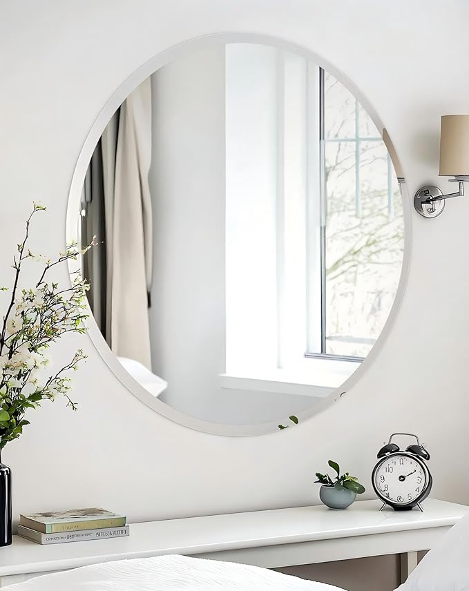 Frameless Round Wall Mirror: Decorative Mirrored Glass Vanity with Beveled Silver Edge for Bathroom Bedroom Livingroom Dining Room Entryway Hallway, 24 x 24 inch