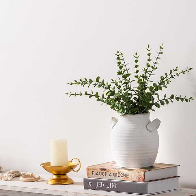 Ceramic Flower Vase Home Decor - Farmhouse Table Vases with Handle Living Room Decoration Vintage Decorative Aesthetic for Shelf Coffee Dining Desk House Bookshelf Fireplace (6" Rustic)