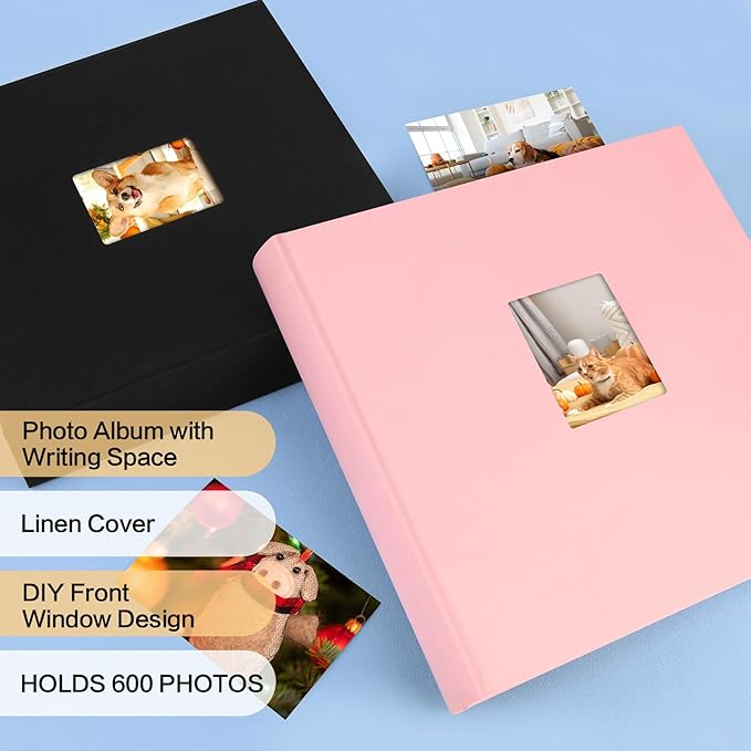 Photo Album 4x6 600 Photos with Writing Space,4 x 6 Photo Book Linen Cover with Front Window, 4x6 Picture Album 600 Photos Photo Album Book for Wedding Kids Travel Family Baby Pictures (Pink)