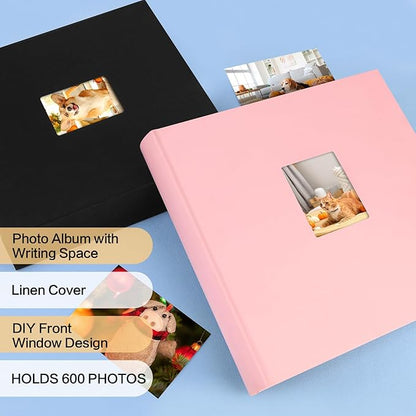Photo Album 4x6 600 Photos with Writing Space,4 x 6 Photo Book Linen Cover with Front Window, 4x6 Picture Album 600 Photos Photo Album Book for Wedding Kids Travel Family Baby Pictures (Pink)