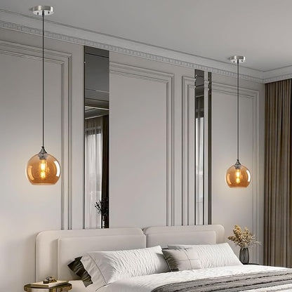 Amber Glass Pendant Lights Kitchen Island Lighting Globe Pendant Light Fixtures Modern Pendant Lighting for Bedroom Living Dining Room Light Fixture (7.87 in, 3 Pack)