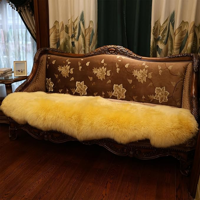 Genuine Sheepskin Rug New Zealand Luxury Lambskin Rug, Natural Fluffy Sheepskin Throw for Bedroom Living Room Children's Room - Premium Area Rug Chair Cover (Yellow, 2×6 Feet)