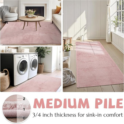 jinchan Solid Plush Runner Rug 2x5 Performance Shaggy Washable Hallway Rug Soft Modern Faux Wool Cozy Non Slip Carpet for Bedroom Laundry Room Living Room Kids Nursery Pink