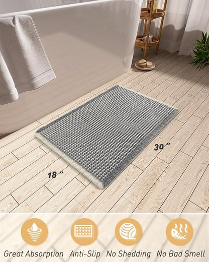 Upgraded Waffle Bath Mat, Super Absorbent Non Slip Bath Mats for Bathroom Floor, Machine Washable Bathroom Rugs with Tassels, Rubber Backed Bathroom Mats, Ultra Soft, 18" x 30",DarkGrey & Cream