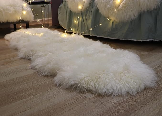 Woolous Genuine New Zealand Sheepskin Double Pelt Rug - Handmade Sheep Skin Runner Rug, Soft Thick Natural Bedside Area Rug for Bedroom and Living Room Decor, 2x6 ft