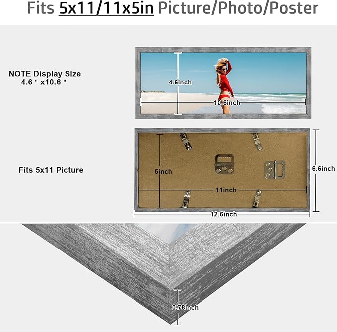 5x11 Frame Distressed Gray, Rustic 11x5 Picture Frame Grey, Art Pic Poster Frame, 5 by 11 Gallery Family Concert Portrait Photo Frame Horizontal Vertical Display Gift