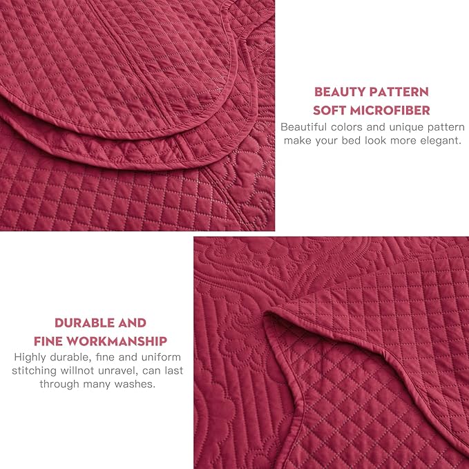 HZ & HY Oversized King Bedspread 138x122 Extra Wide, Ultrasonic Coverlet Bedding Set, Lightweight Thin Comforter, Reversible, 5 Piece, 100% Microfiber, California/Alaskan King, Wine Red