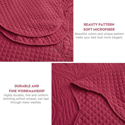 HZ & HY Oversized King Bedspread 138x122 Extra Wide, Ultrasonic Coverlet Bedding Set, Lightweight Thin Comforter, Reversible, 5 Piece, 100% Microfiber, California/Alaskan King, Wine Red