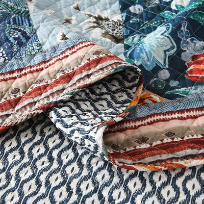 Cotton Bedspread Quilt Bedding Sets Reversible Coverlet Sets 3 Pieces Vintage Floral Blue Teal Patchwork Bedspread, Queen Size